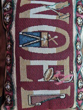 Christmas Tapestry Throw Pillow Noel Festive Holiday Horns Bells Drums 12" x 9"
